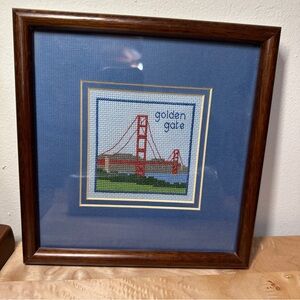 Framed Golden Gate Bridge Needlepoint Cross Stitch Wall Art Blue Mat Wood Frame